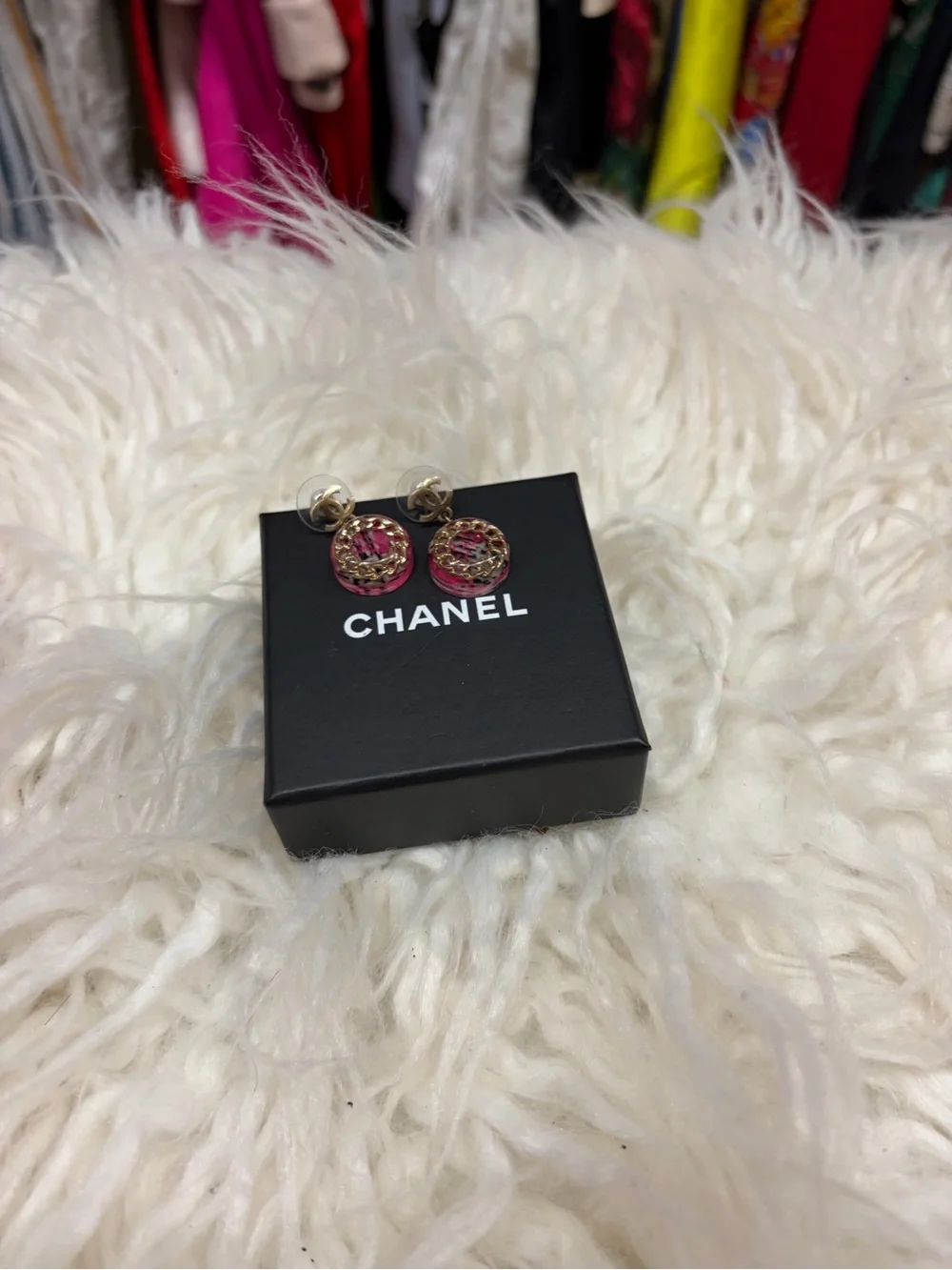 CHANEL Pink and Gold CC Woven Circle Drop Earrings